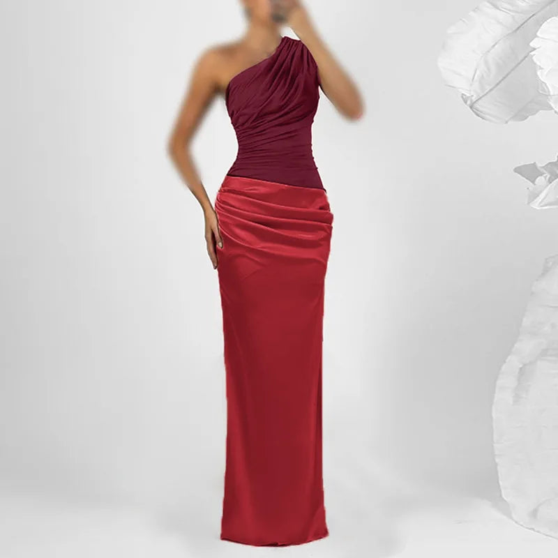 Red One-Shoulder Satin Drape Maxi Dress
