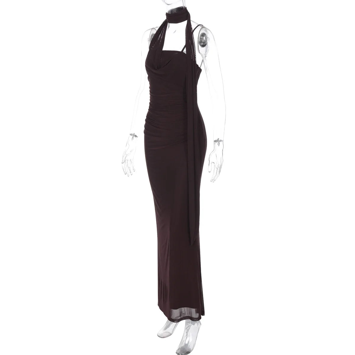 Brown Halter Maxi Dress | Ruched Sheath Summer Chic