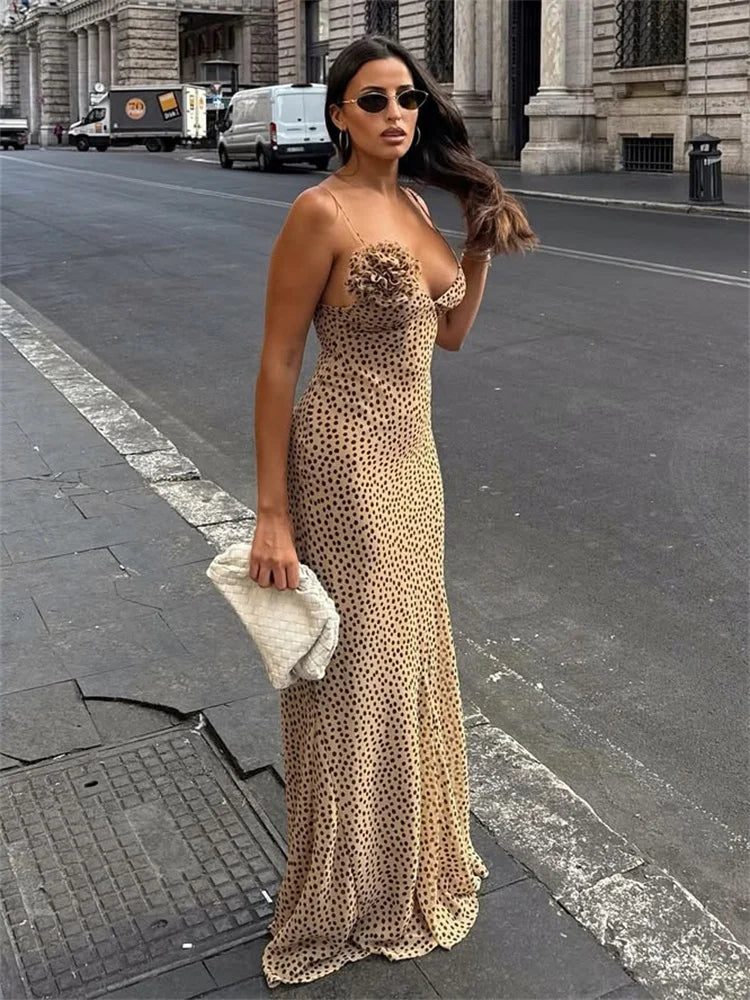 Dotted V-Neck Spaghetti Strap Stretch Maxi Dress