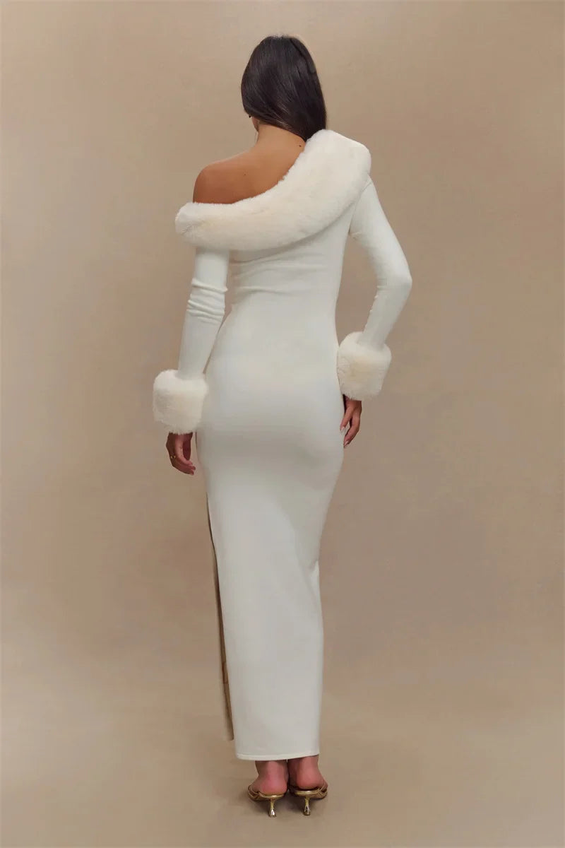 White Fur Trim Off-Shoulder Maxi Dress
