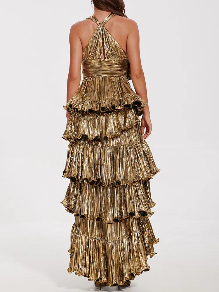 Metallic Tiered Halter Maxi Dress with Frill Layers