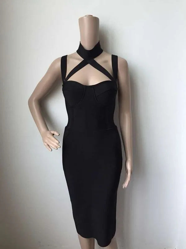 Halter Black Bandage Midi Dress | Sculpting Fit for Special Occasions