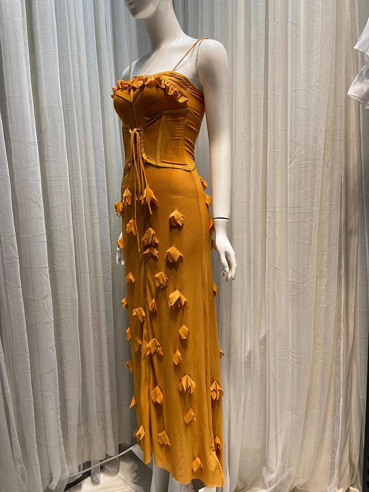 Yellow 3D Flowers Front Tie Up Strap Maxi Dress