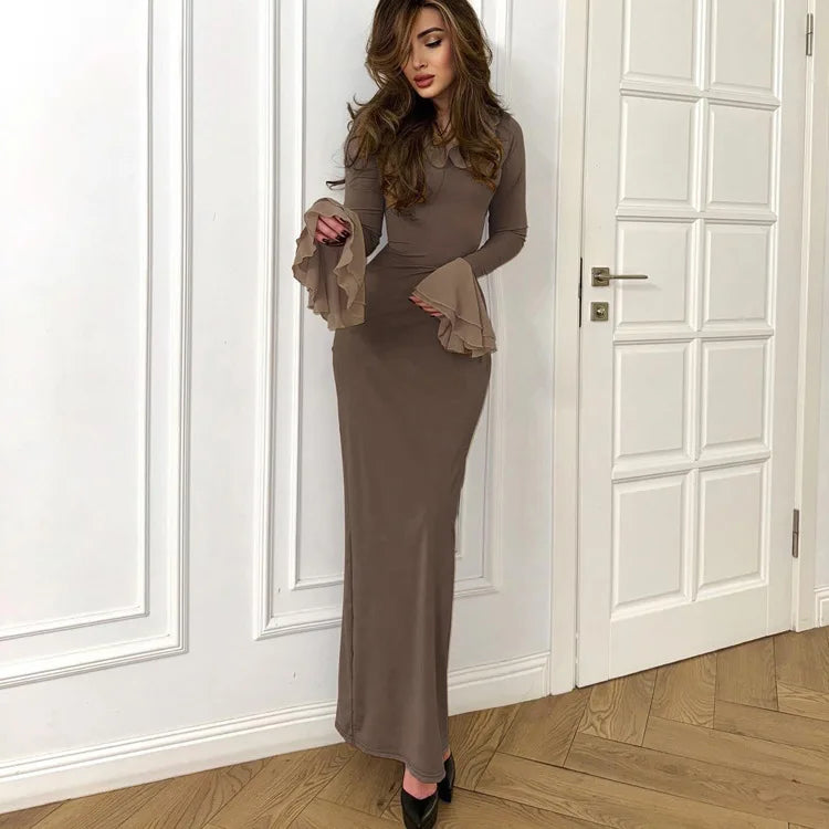 Brown Long Flare Sleeve Long Dress