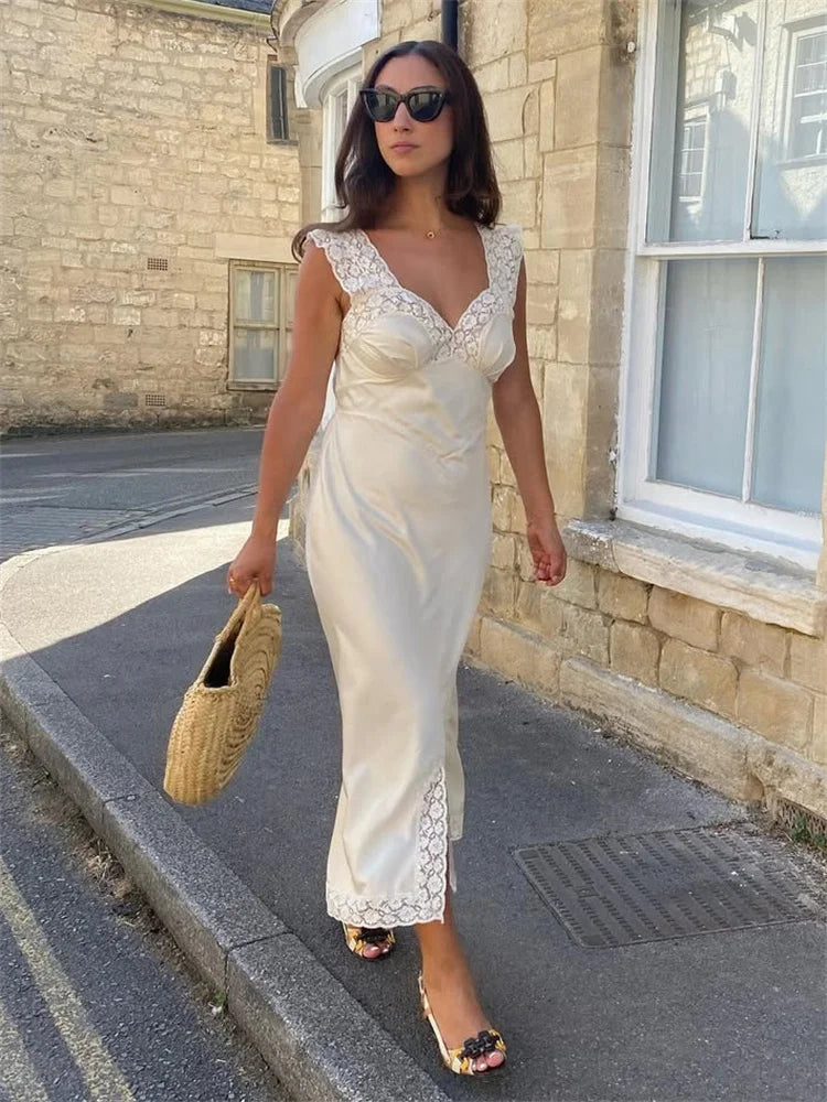 Patchwork Satin Lace Maxi Dress – Elegant V-Neck Evening Gown