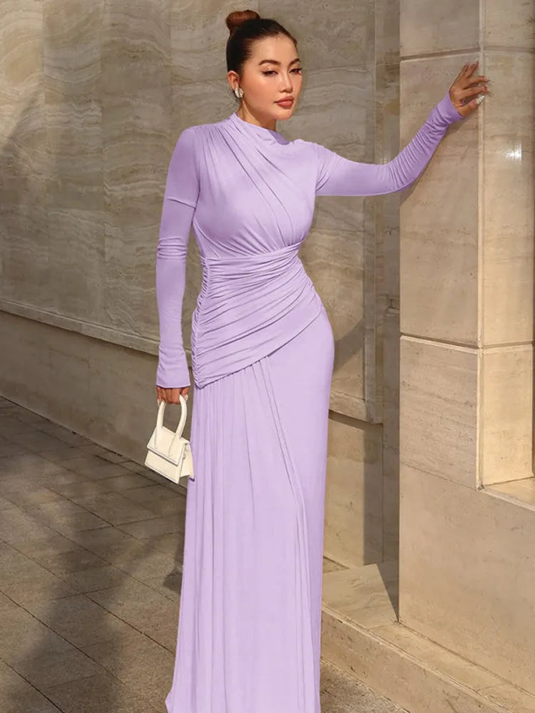 Irregular Pleated Long Sleeve Maxi Dress – O-Neck Floor-Length Silhouette