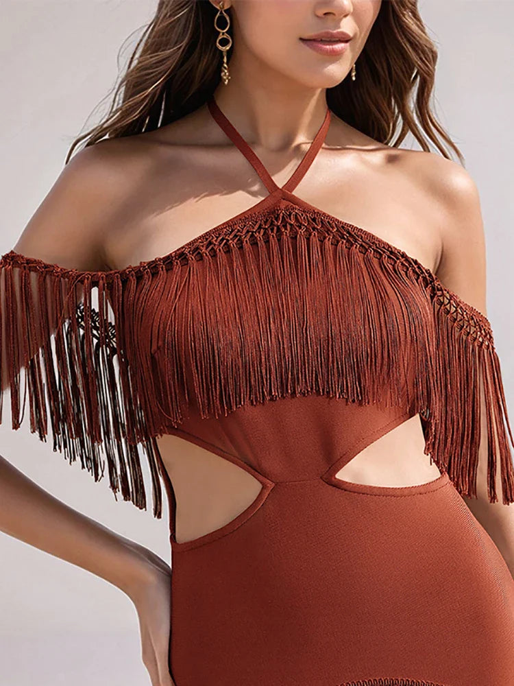 Fringe Halter Hollow Out Bandage Dress | Sleeveless Tassel Evening Gown