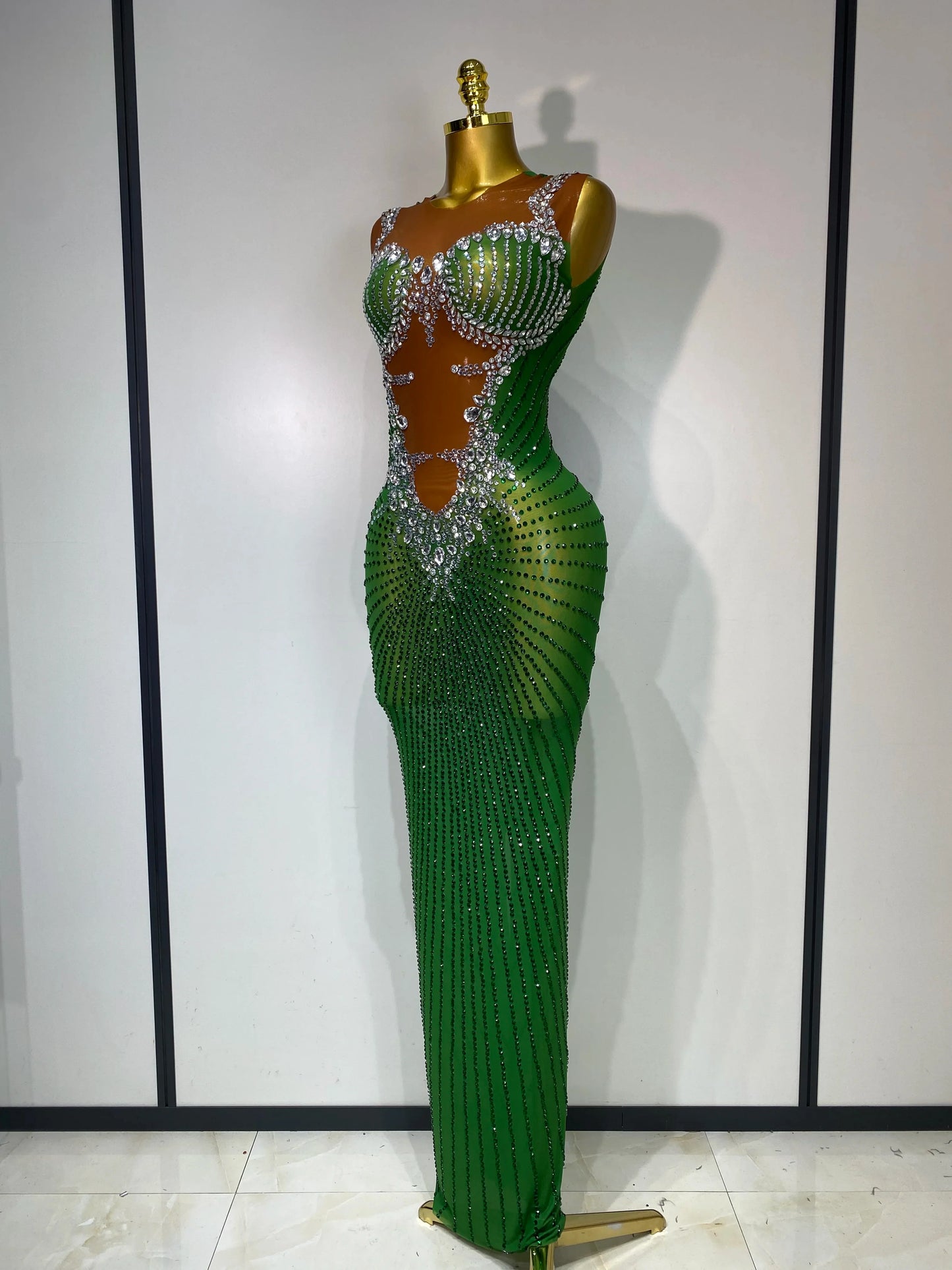 Black & Green Sparkly Rhinestone Mesh Bodycon Dress