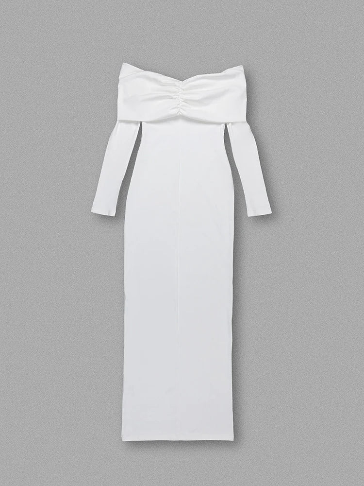 White Off Shoulder Pleated Dress | Slim Sheath Evening Gown