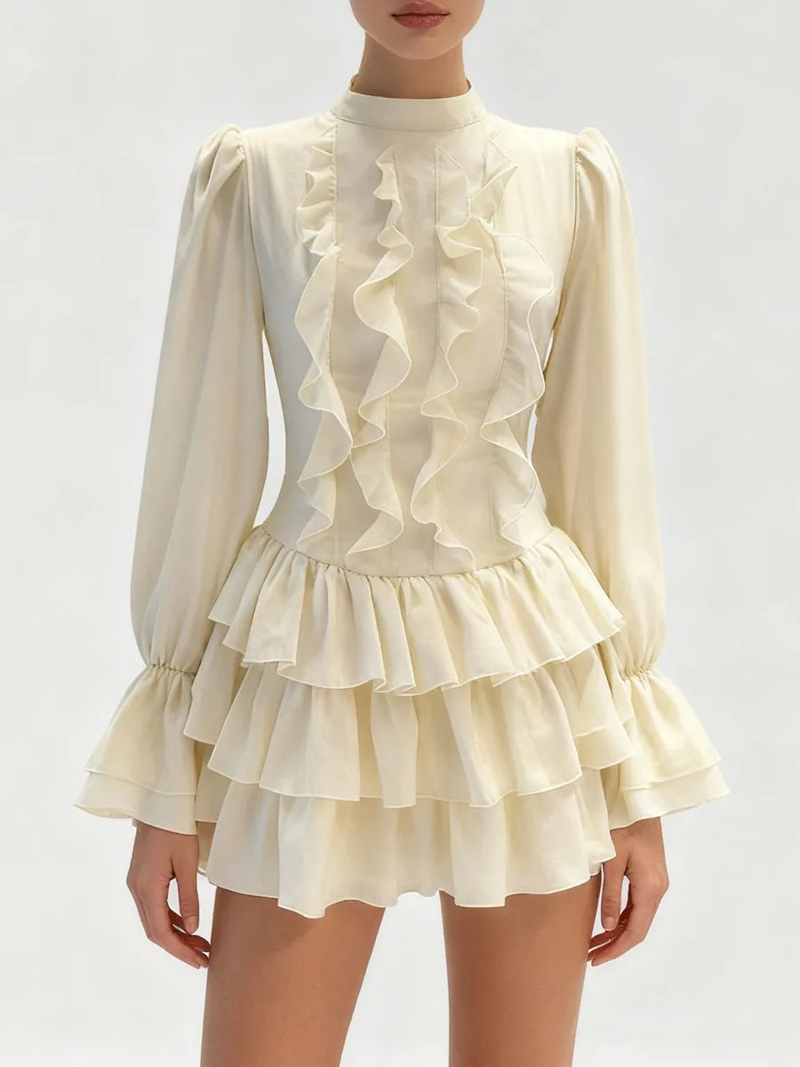 White Tiered Ruffle Mini Dress with Stand Collar