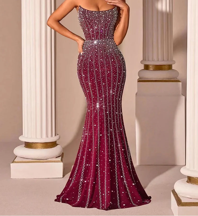 Sequin Beaded Strapless Lace-Up Maxi Gown