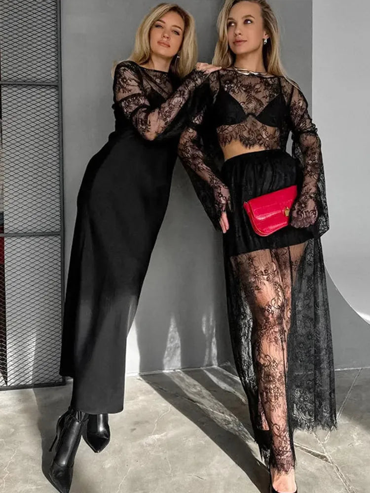 Black Lace Top and Long Skirt Set – Sheer Streetwear Co-Ord for Women
