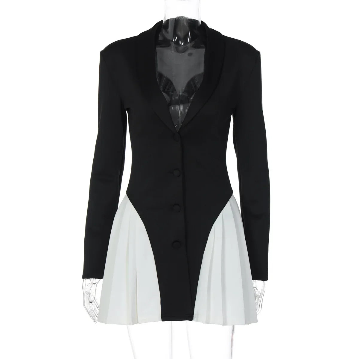 Contrast Pleated Patchwork Long Sleeve Mini Dress