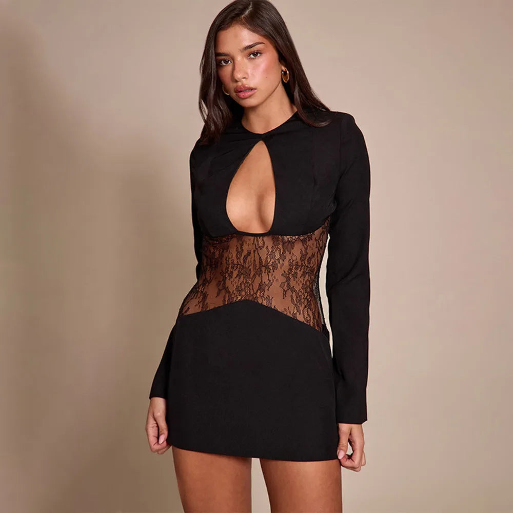 Long sleeve mini dress with lace waist panel 