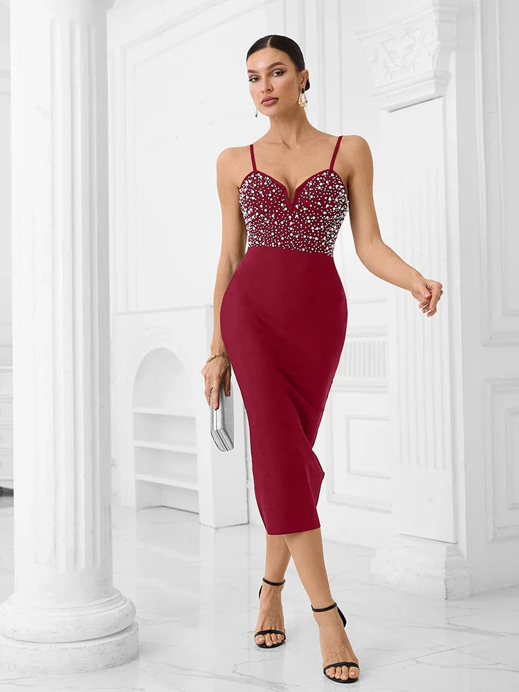 Black Beaded Midi Dress | Sparkling Slim-Fit Cocktail Look