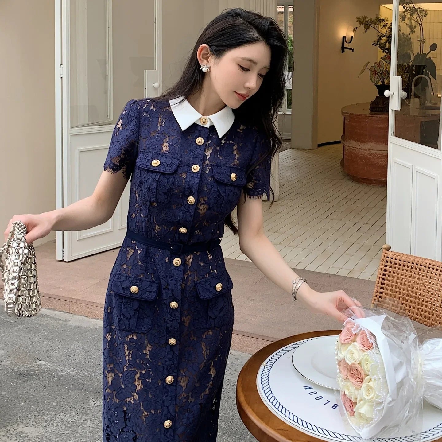 Blue Floral Lace Midi Dress with Peter Pan Collar & Puff Sleeves