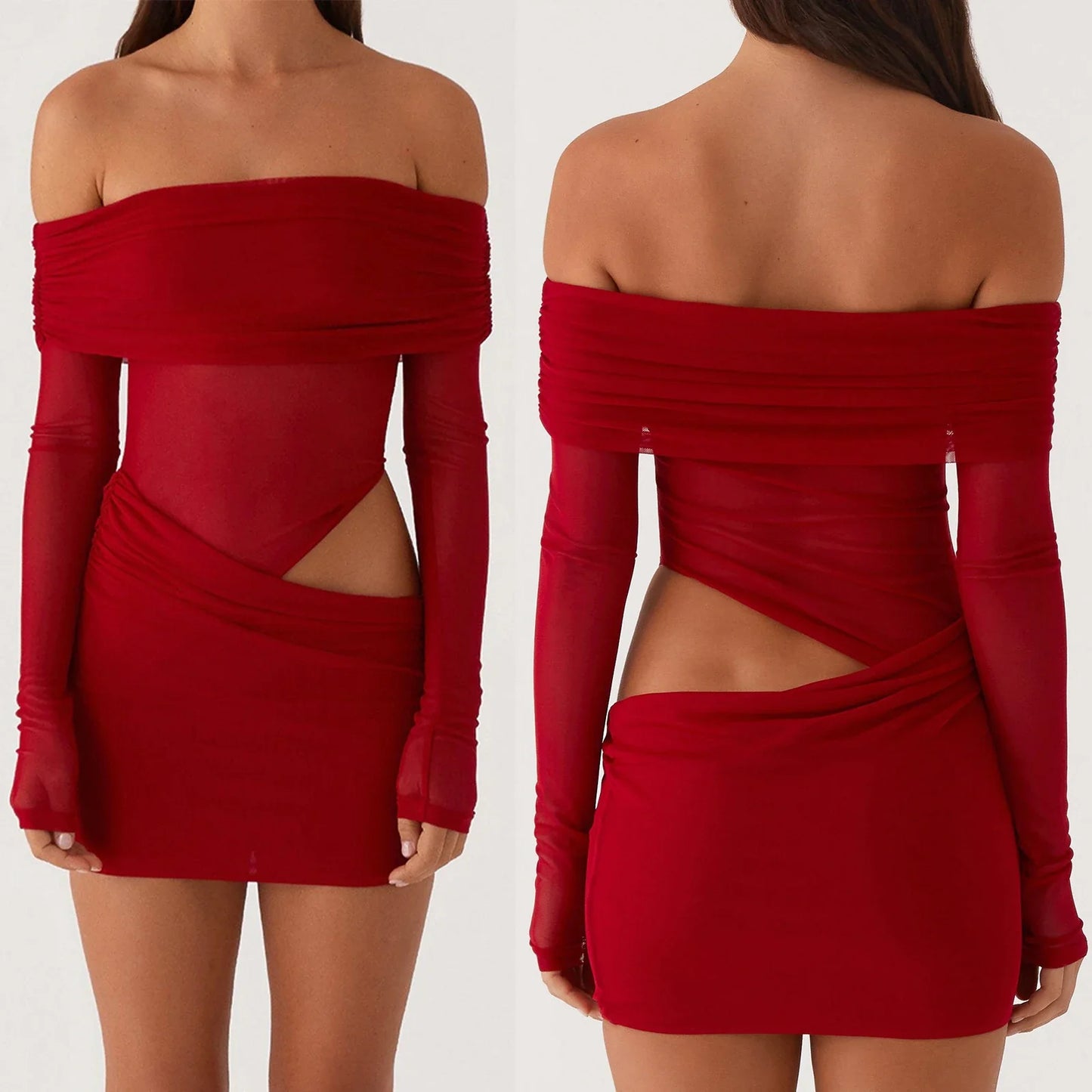 Red off-shoulder dress with long sleeves and cutout design on a white background