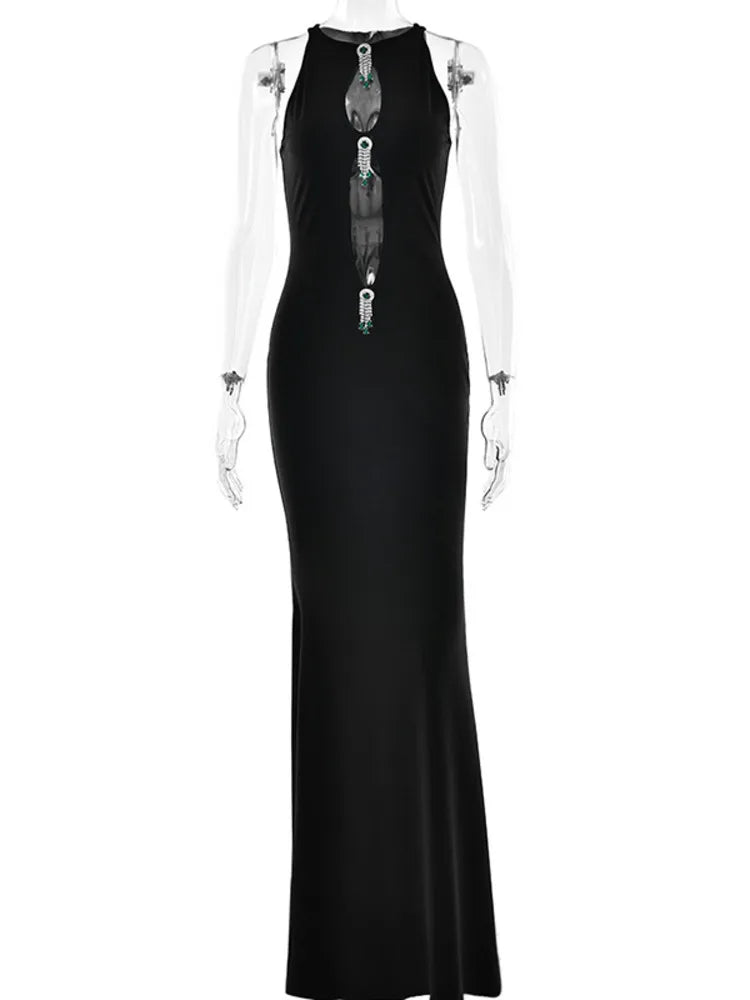 Black Hollow Out Pearl Tassel Maxi Bodycon Dress - Club & Party Wear