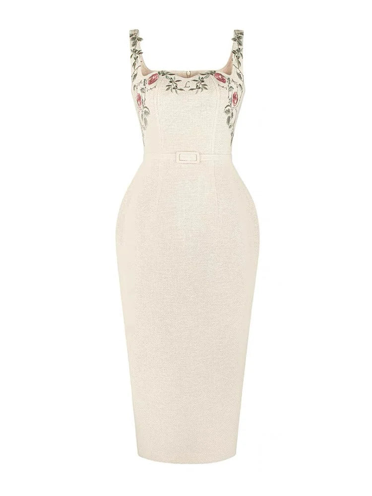 Beige Floral Embroidery Belted Sleeveless Midi Dress
