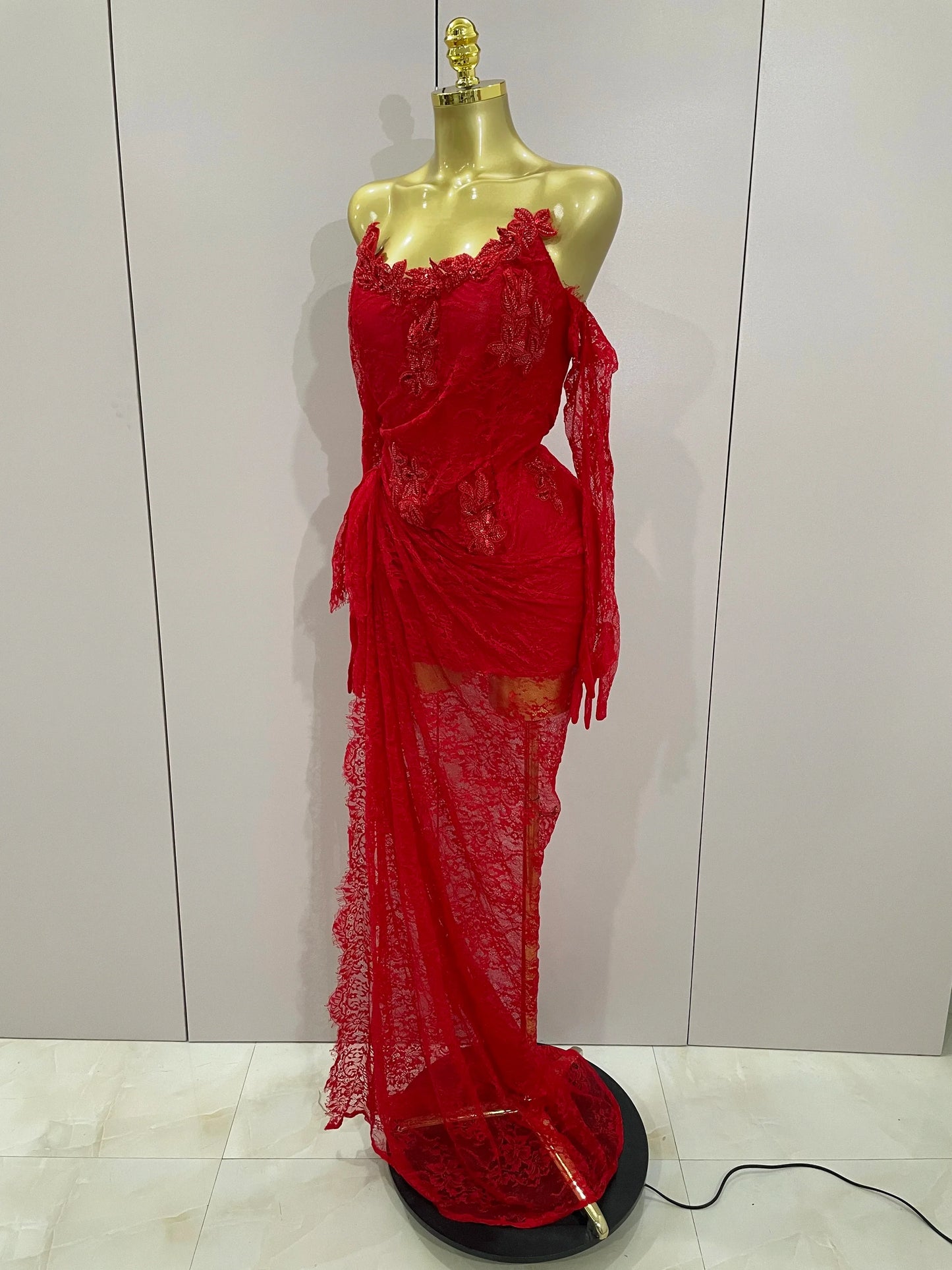 Red Lace Strapless Backless Maxi Dress – Gown