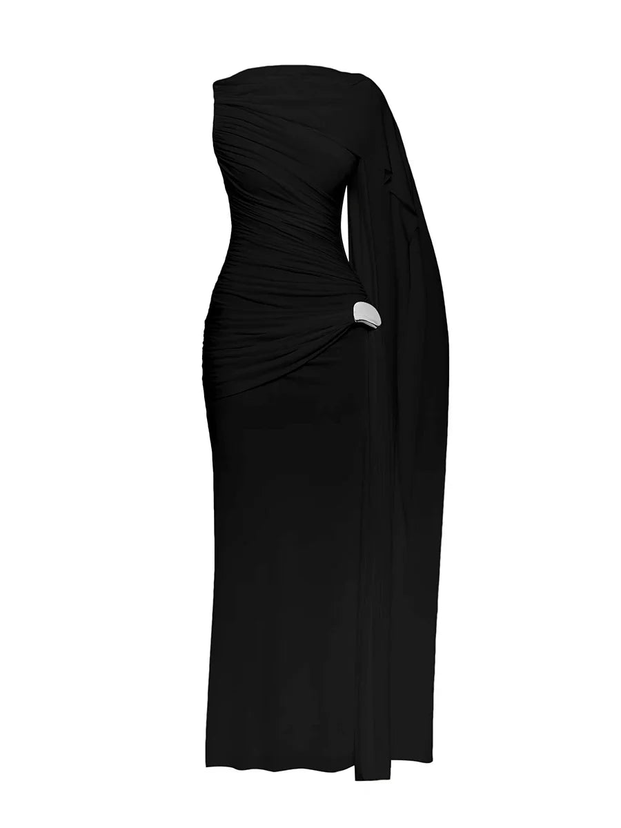 Pleated One-Shoulder Cape Maxi Dress with Round Neck