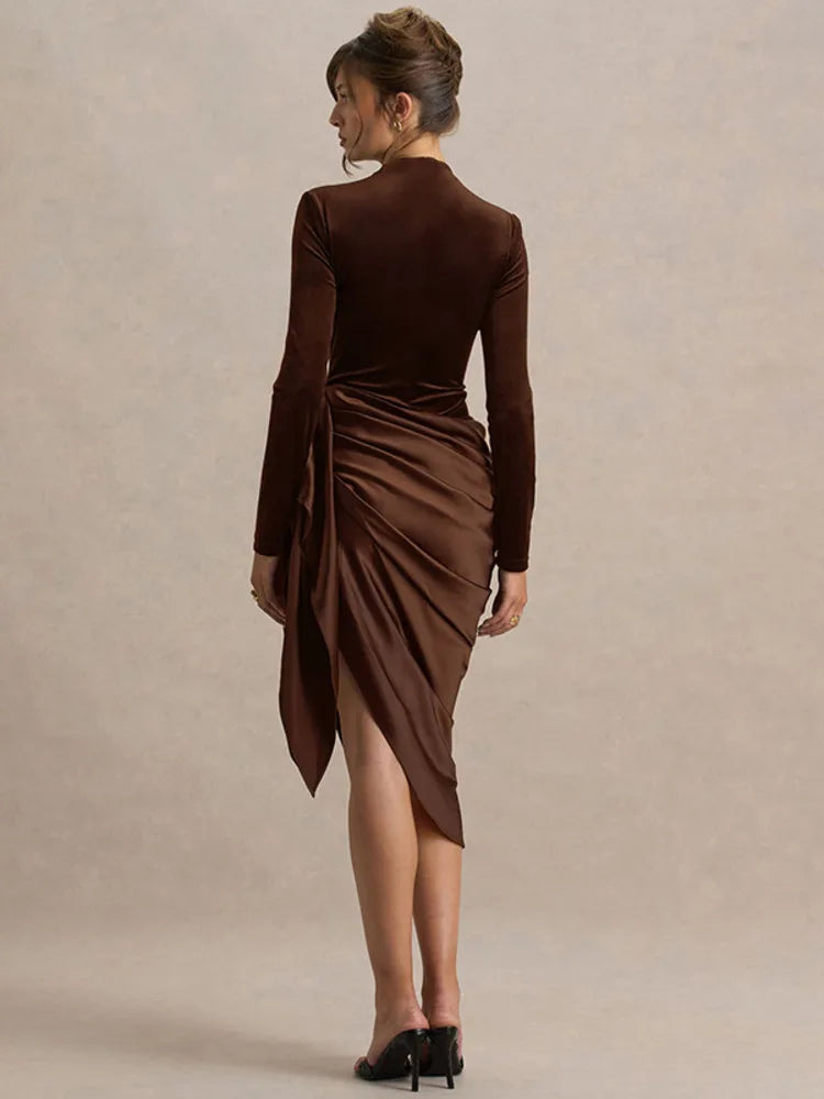 Long Sleeve Ruched Draped Midi Dress