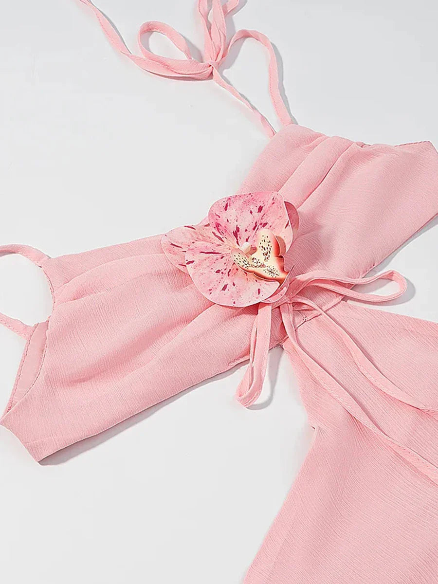 Sweetheart Pink Maxi Dress | 3D Floral Spaghetti Strap Gown