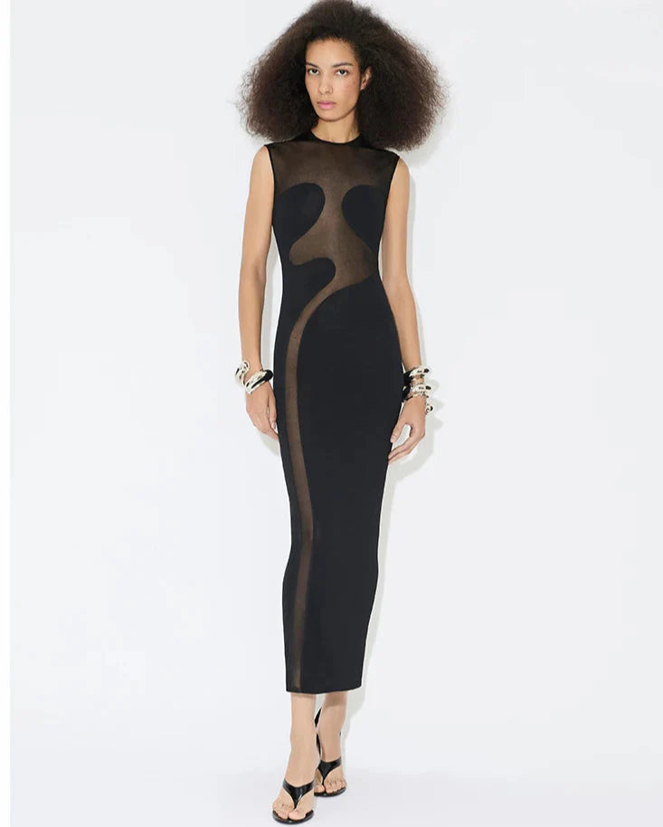 Black Mesh Illusion Bodycon Dress – Irregular Sheer Patchwork