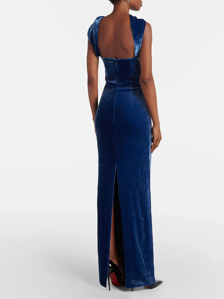 Blue Velvet Strapless Pleated Dress | Backless Bodycon Gown