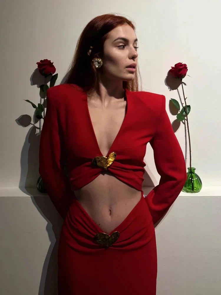 Red V-Neck Cutout Gown with Metal Heart Accent
