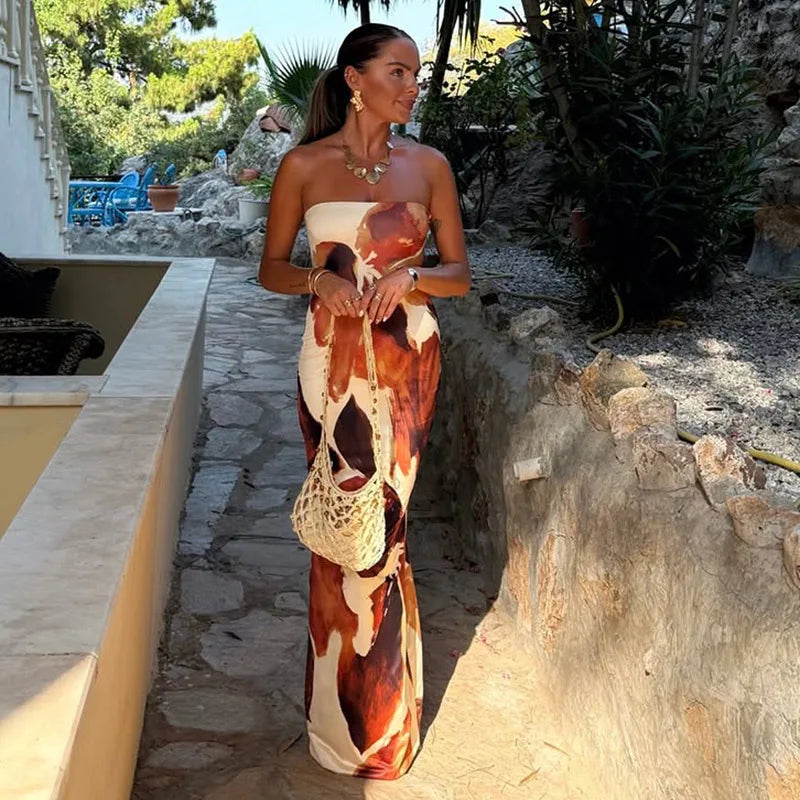 Elegant Strapless Abstract Print Maxi Dress