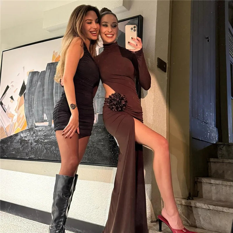 Turtleneck Long Sleeve Thigh High Slit Maxi Dress