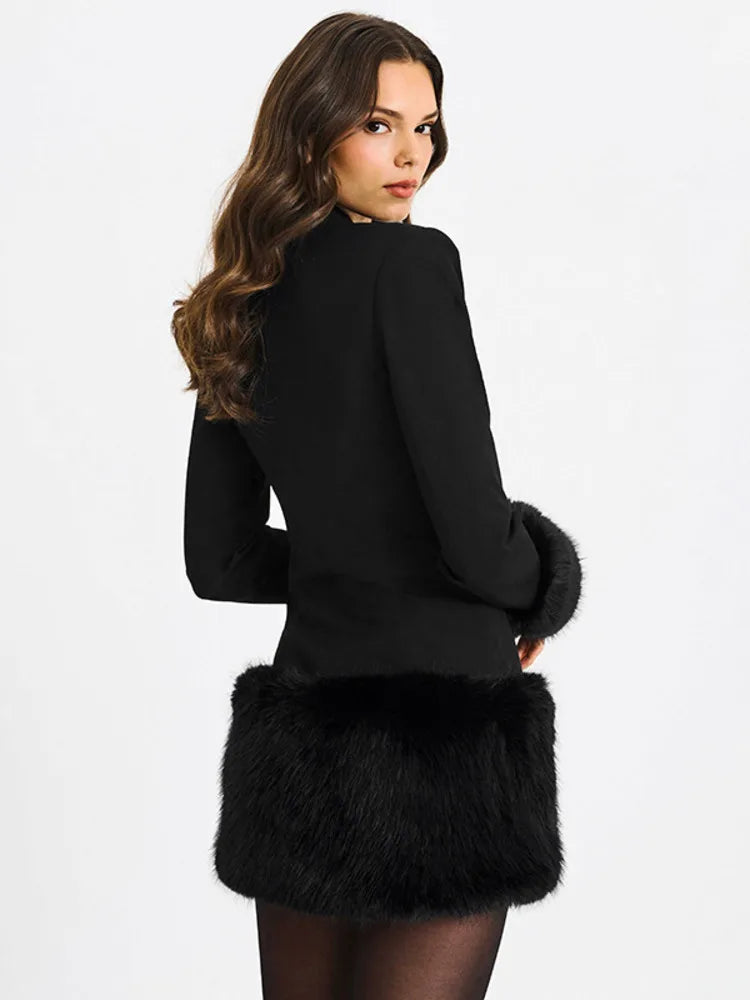 Black Fur-Trim Mini Blazer Dress with Deep V Neck