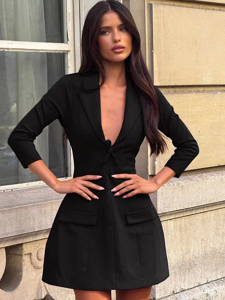 Deep V-Neck Mini Blazer Dress with Bow Detail