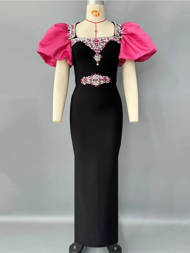 Black Dress with Pink Puff Sleeves - Square Neck Diamond Beaded Bandage Dress