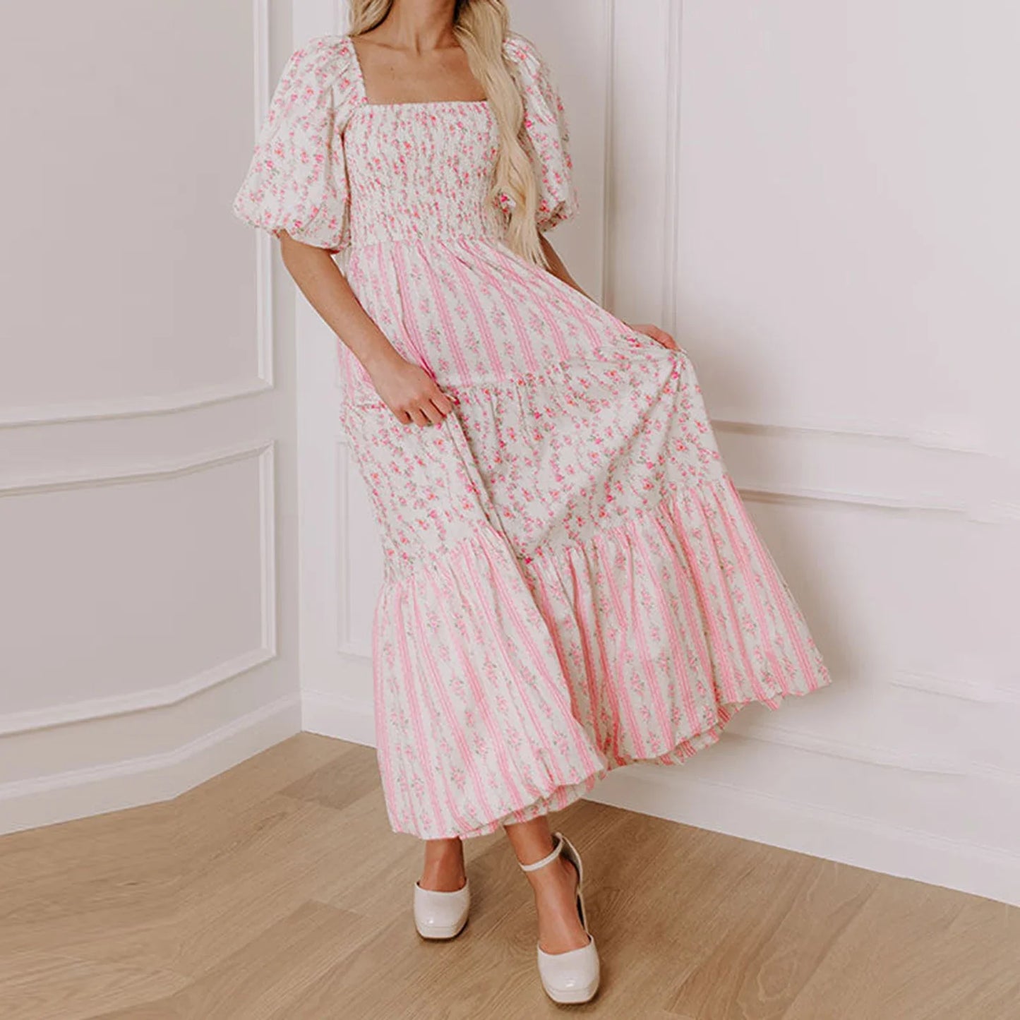 Charming Floral Print Square Collar Puff Sleeve Maxi Dress