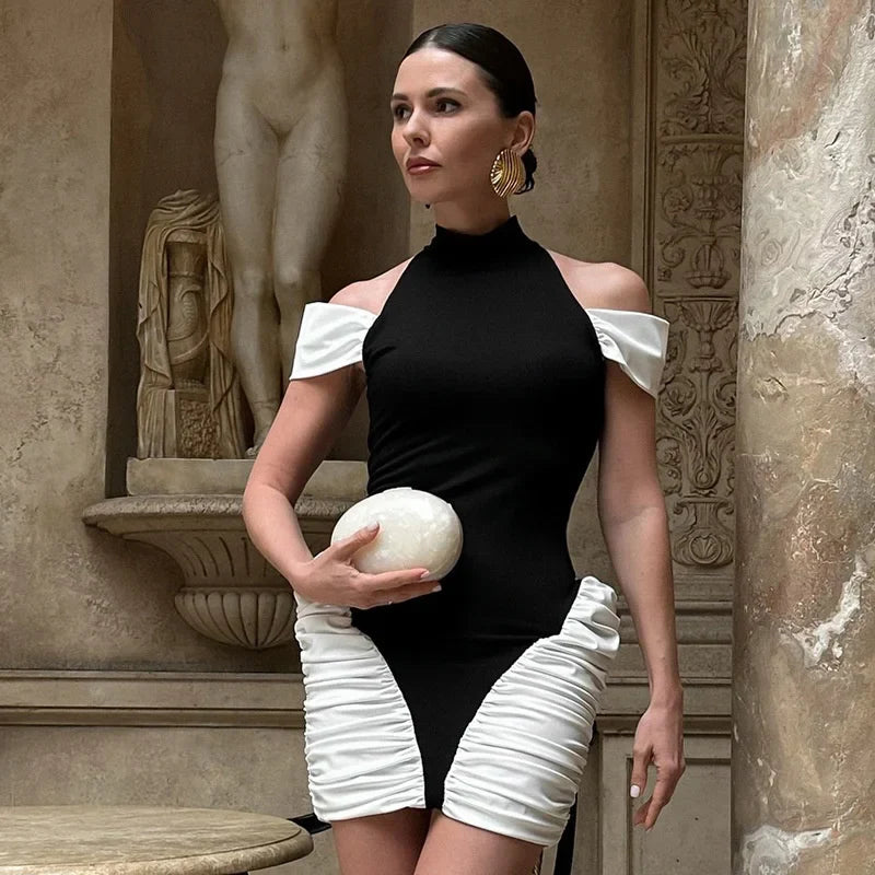 Black & White Off-Shoulder Patchwork Mini Dress – Ruched Pleated Club Look