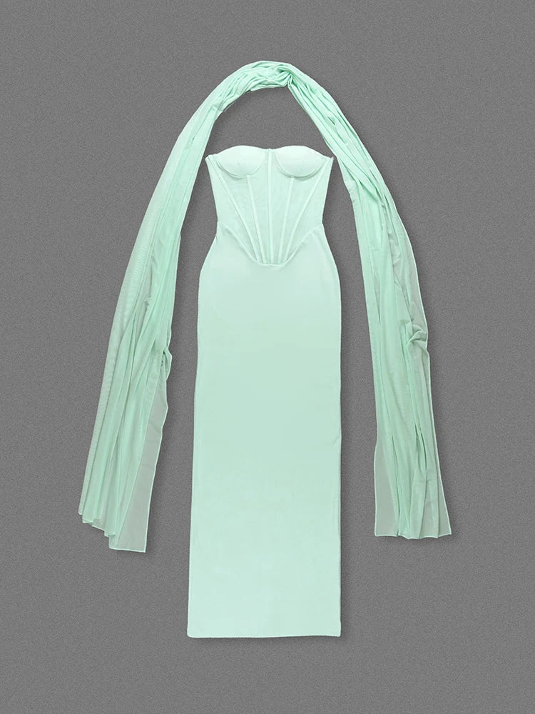 Mint Strapless Corset Mesh Patchwork Gown with Scarf | Elegant Sleeveless Evening Dress