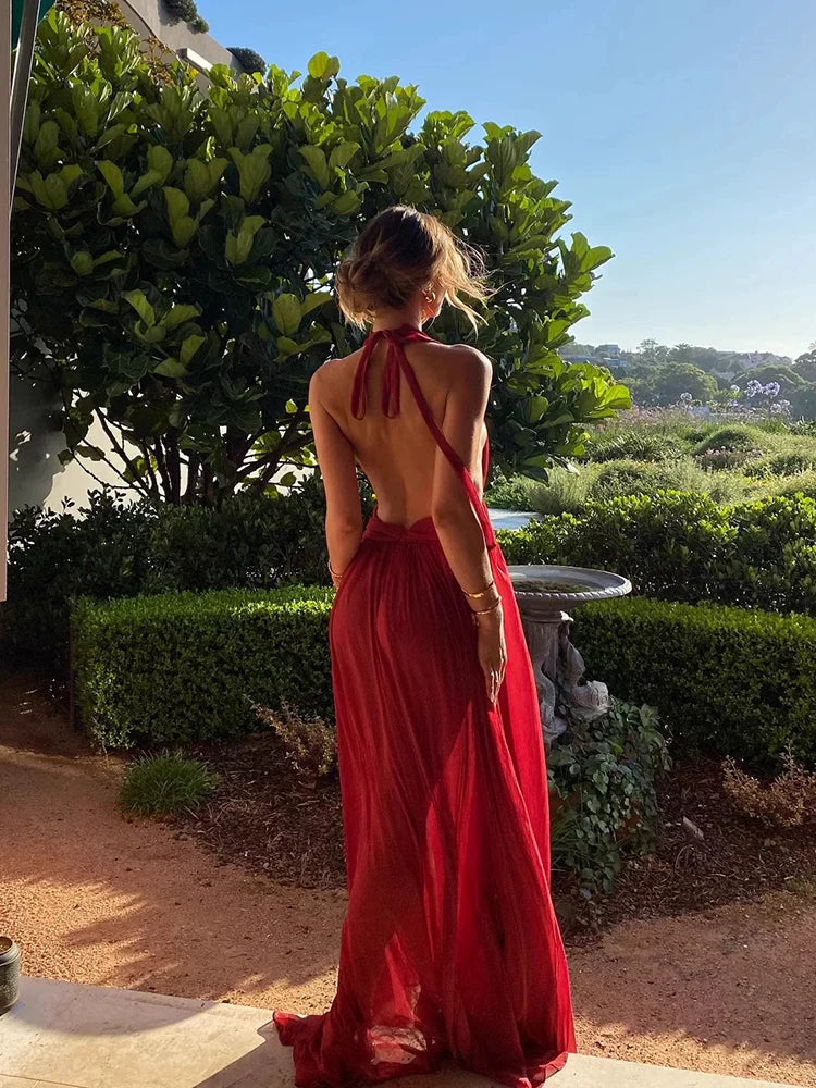 Apricot & Claret Deep V-Neck Backless Pleated Long Dress