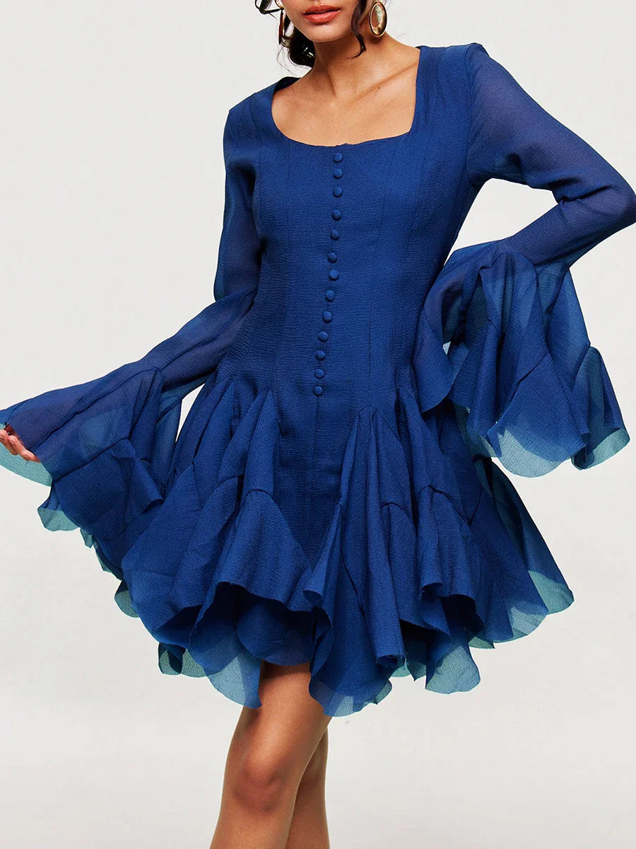 Royal Blue Ruffle Mini Dress with Long Sleeves