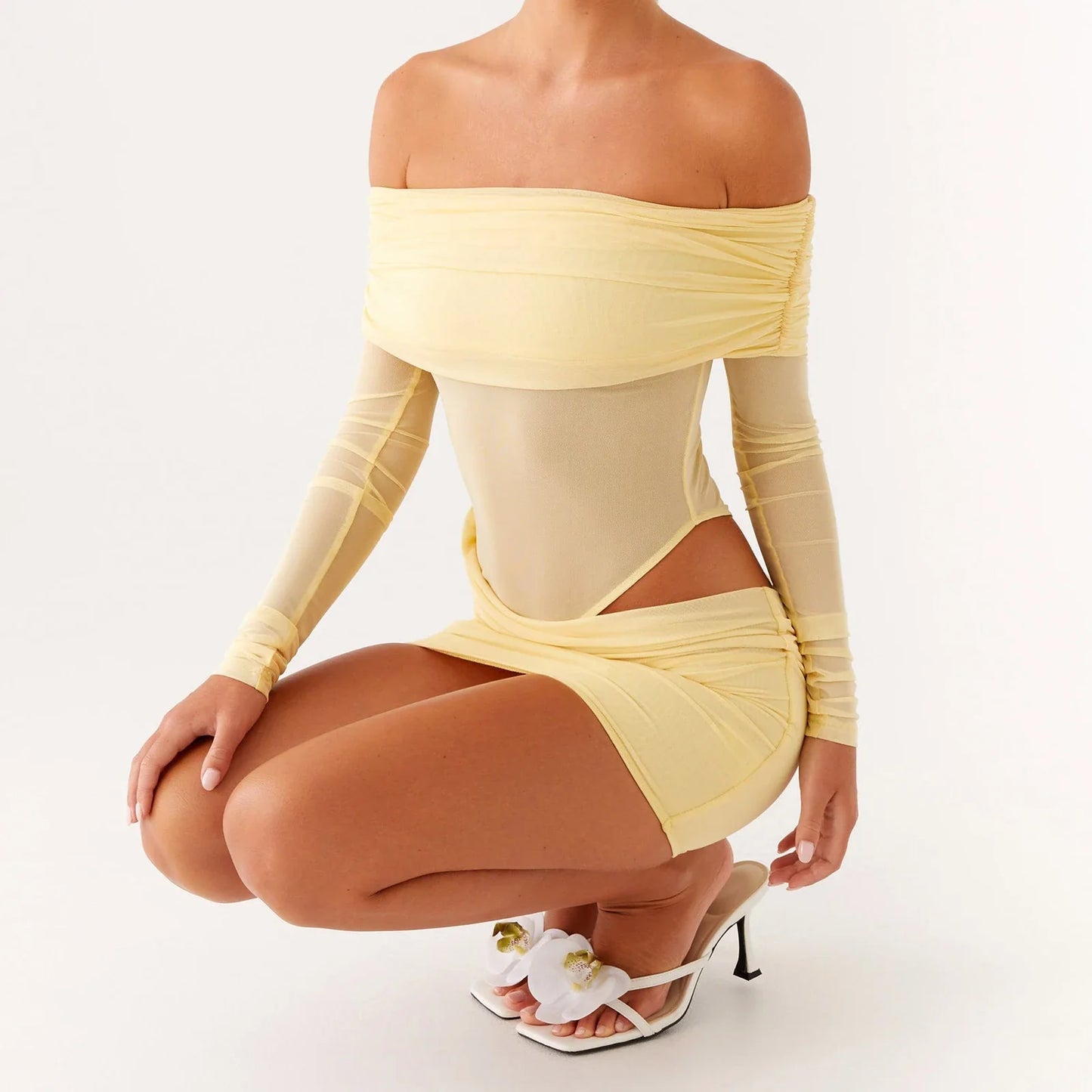 Off-Shoulder Ruched Mesh Bodycon Short Dress