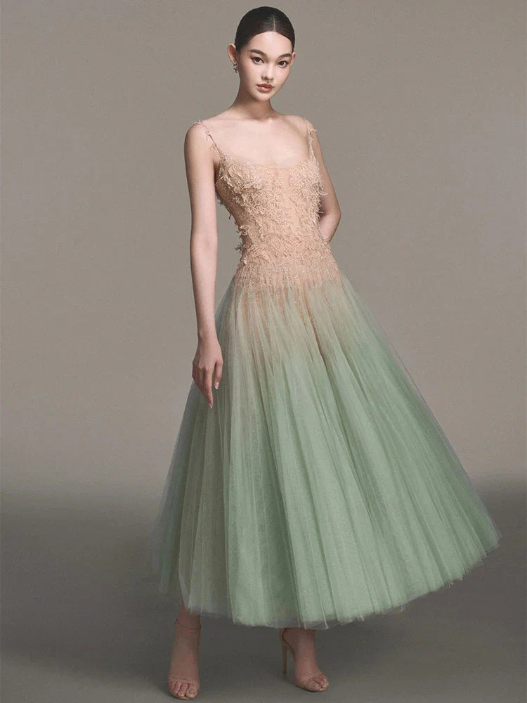 Textured Tulle Green Gradient Flare Maxi Dress