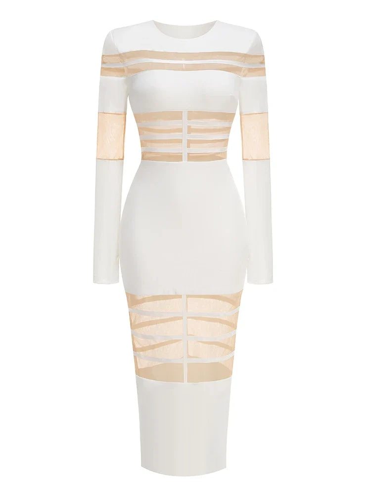 White dress with beige mesh panels on a white background