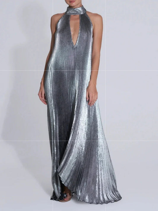 Metallic Pleated Halter Maxi Dress