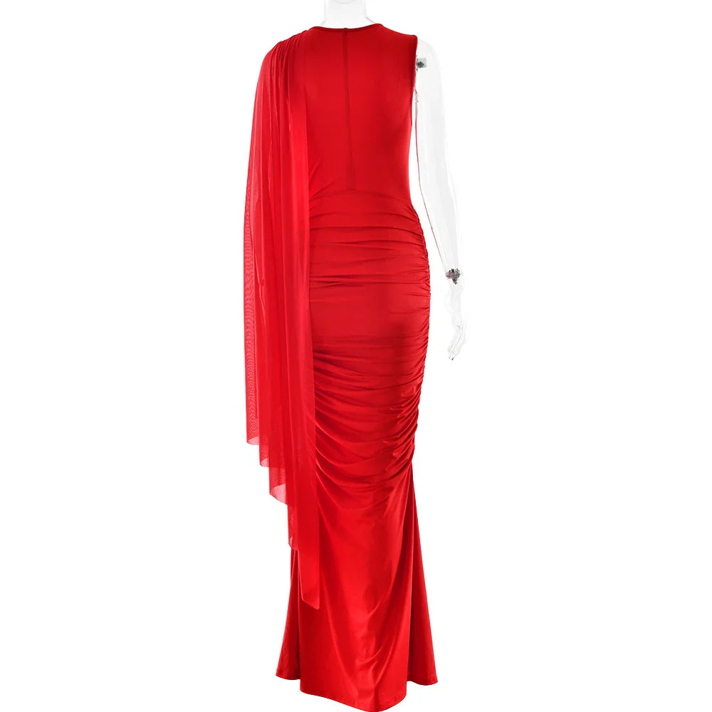 One Shoulder Shawl Drape Pleated Bodycon Long Dress