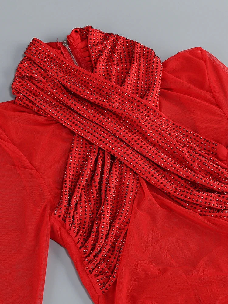 Red Mesh Ruched Rhinestone Gown with Sculpted Column Shape