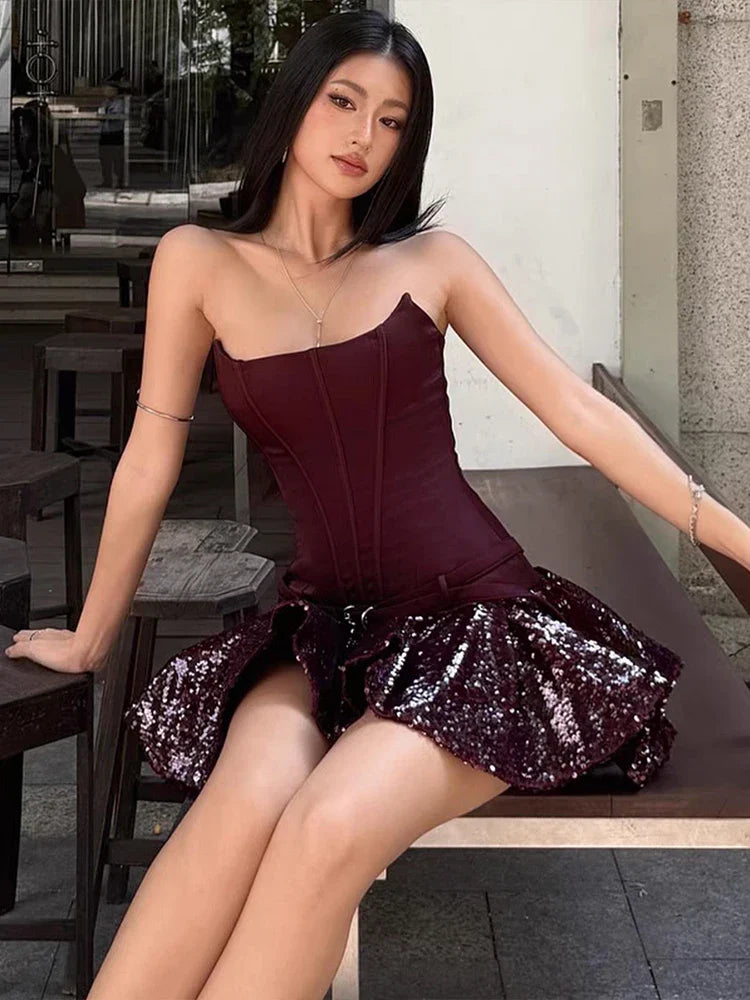 Red Sequin Frill Strapless Mini Dress
