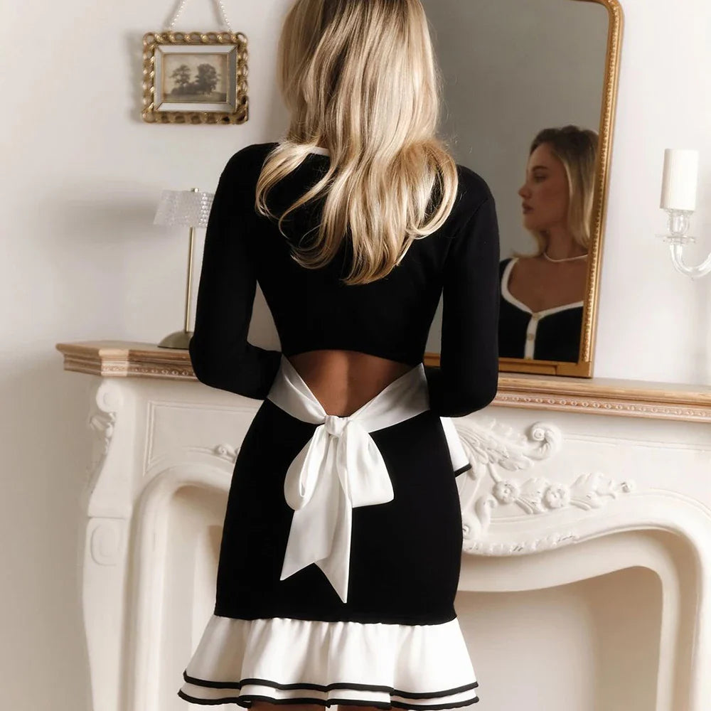 Black White Ruffle Mini Dress | Slim Knit Long Sleeve Chic