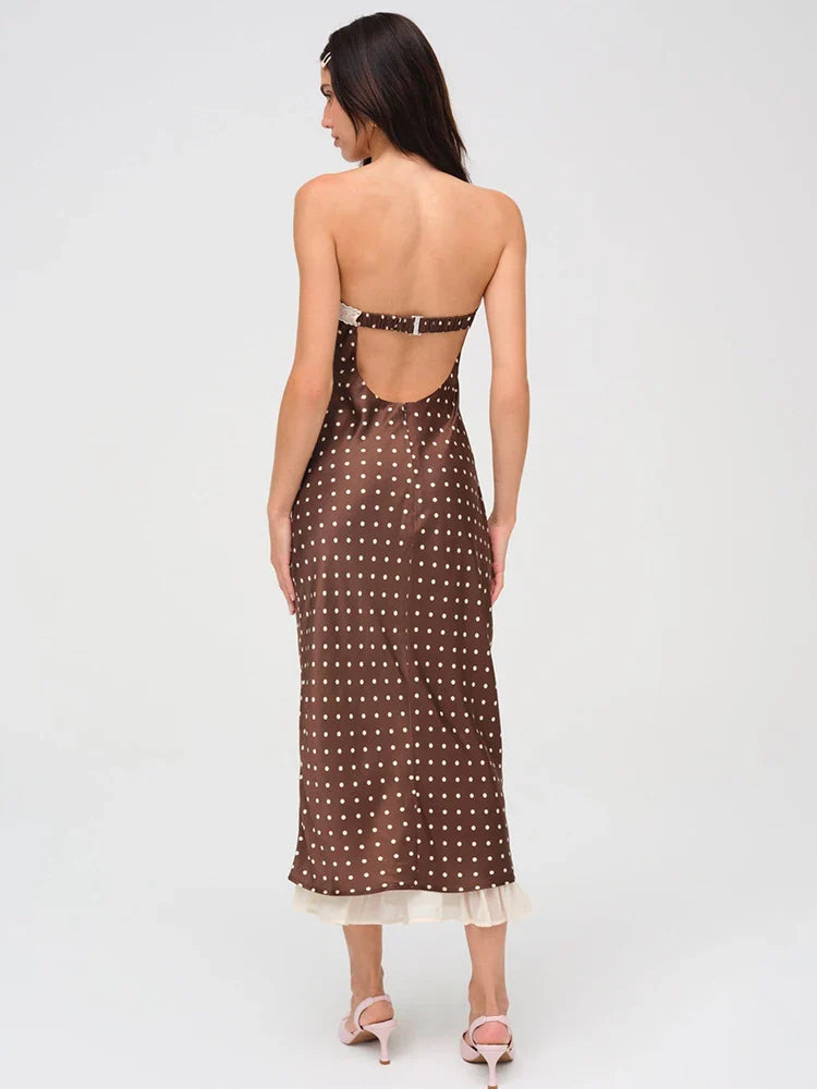Strapless Polka Dot Lace Trim Midi Dress – Backless Bodycon Elegance