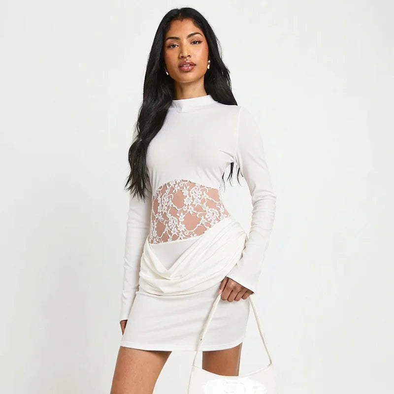 Lace Waist Bodycon Mini Dress with Sculpted Long Sleeves